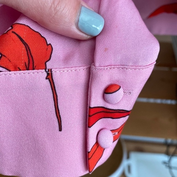 Parker Pink Red Floral Print Silk Blend Pasha Ruffle Wrap Blouse - Picture 16 of 16